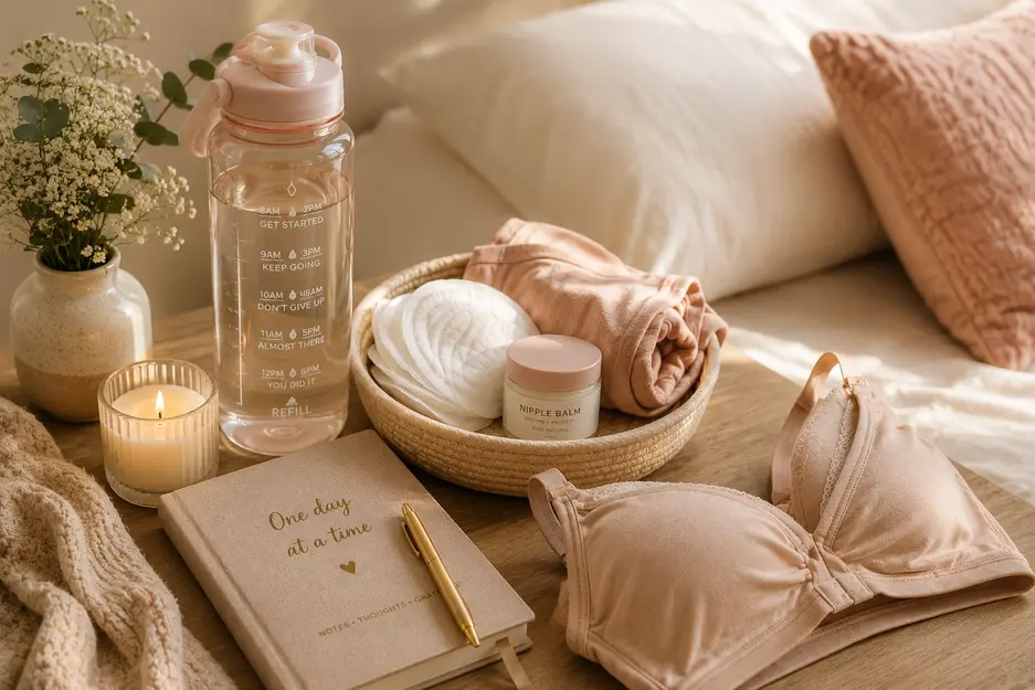 Postpartum essentials arranged on a cosy bedside table with a water bottle, nursing pads, nipple balm, nursing bra, and journal in warm morning light.