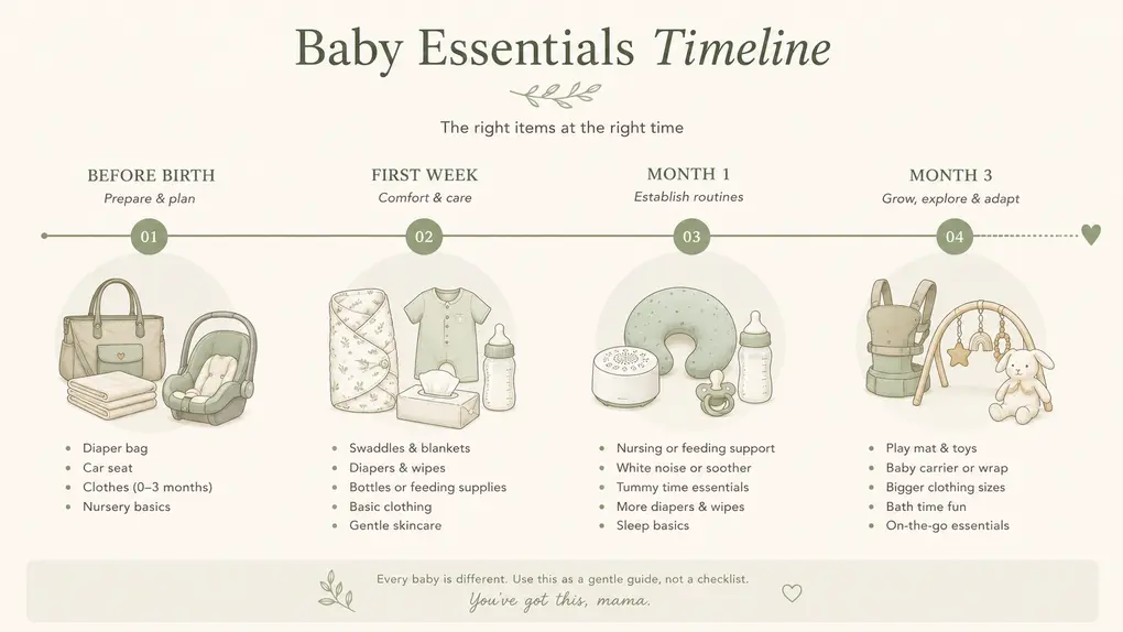Baby essentials timeline showing what to buy before birth, during the first week, month 1, and month 3 in a clean minimalist infographic.