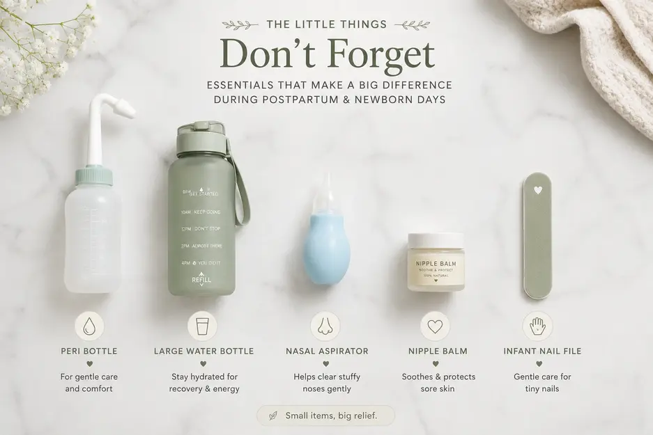 Postpartum and newborn essentials including a peri bottle, water bottle, nasal aspirator, nipple balm, and infant nail file on white marble.