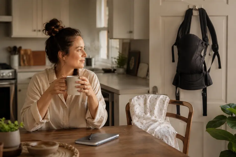 New mother enjoying a quiet morning coffee in a warm kitchen with a folded swaddle and baby carrier, creating a cosy postpartum lifestyle scene.