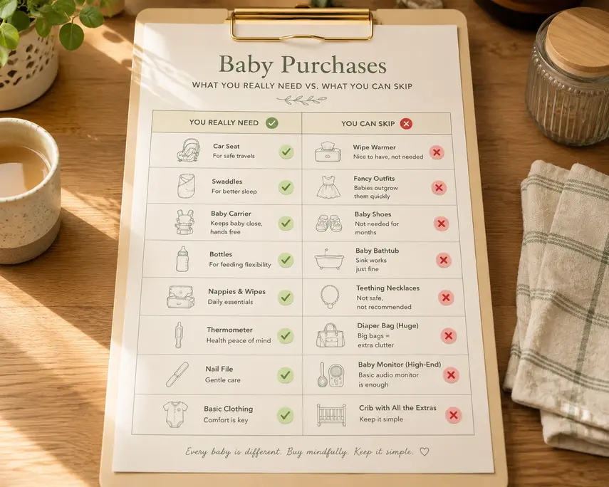 Baby essentials comparison chart on a cream clipboard showing must-have and skip items with green ticks and red crosses in a minimalist blog style.