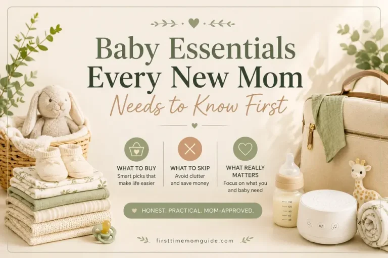 Baby essentials every new mom needs to know first, featuring a minimalist flat lay of newborn must-haves in soft cream and sage green tones.