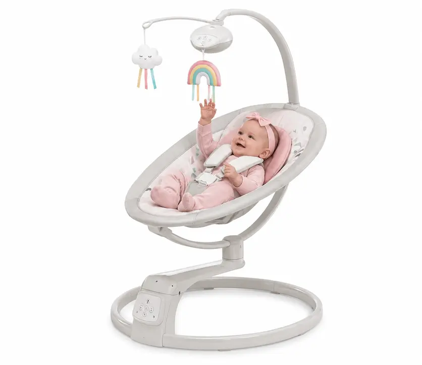 Electric baby swing for infants featuring a cushioned seat, safety harness, hanging toy mobile, and soothing rocking motion for newborn comfort and relaxation.
