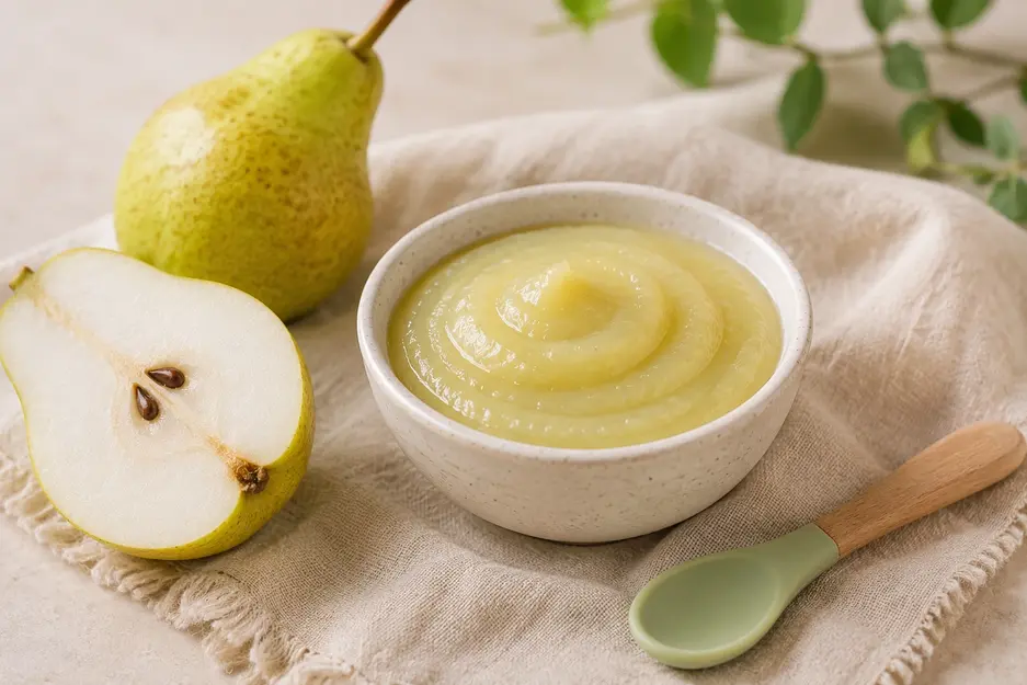 Homemade pear puree for baby made with ripe pears in a ceramic bowl, gentle first food for babies starting solids at 6 months old.