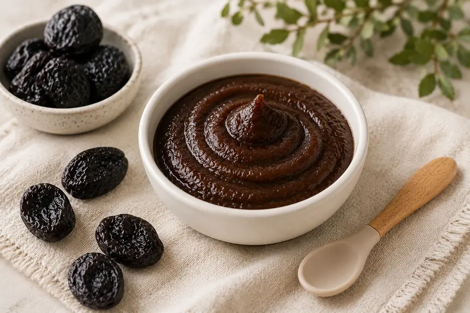 Homemade prune puree for baby made with dried prunes, gentle constipation-relief food for babies starting solids at 6 months old.