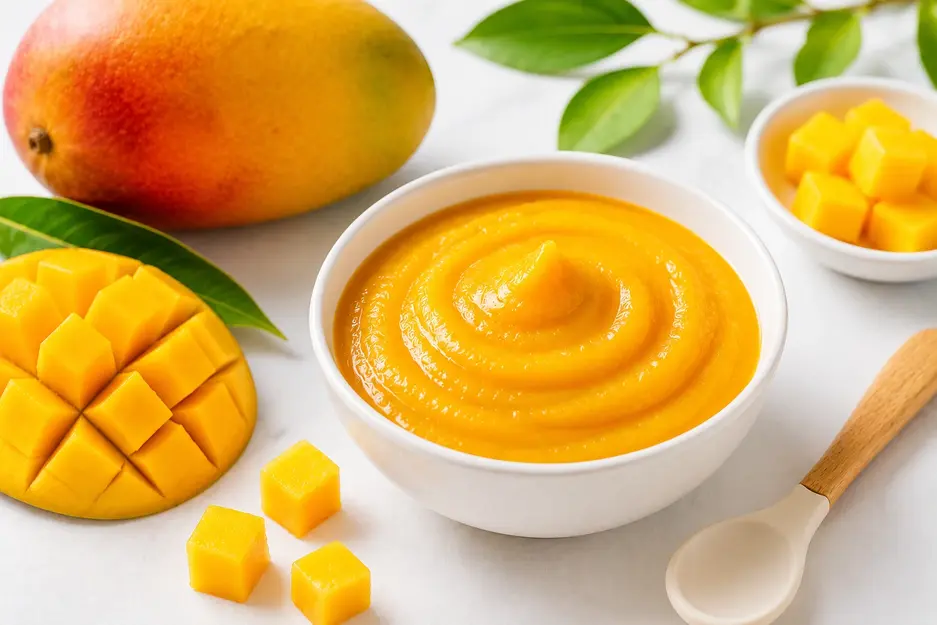 Homemade mango puree for baby made with ripe mangoes, naturally sweet and nutrient-rich first food for babies starting solids at 6 months old.