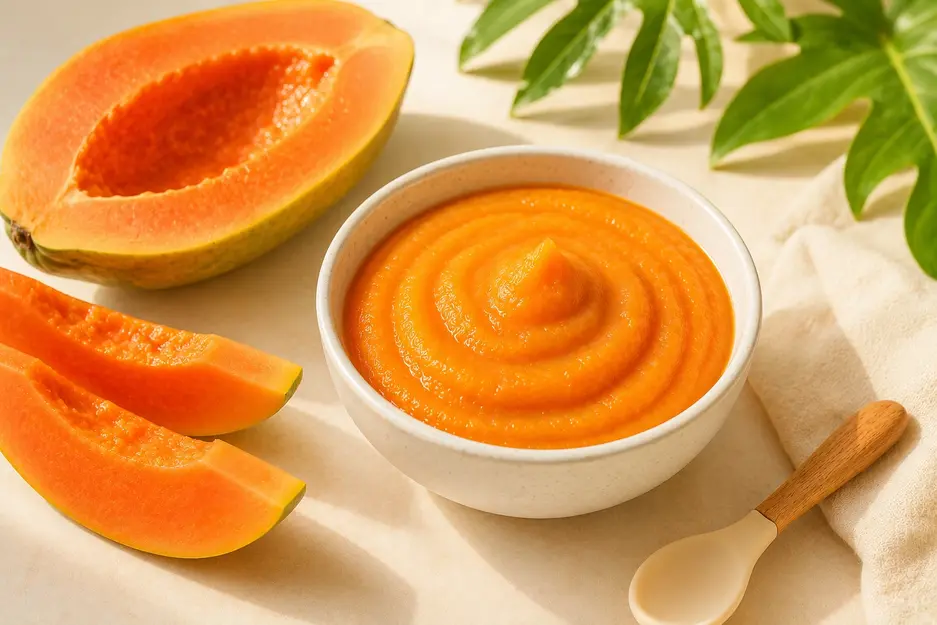 Homemade papaya puree for baby made with ripe papaya, gentle tropical first food for babies starting solids at 6 months old.