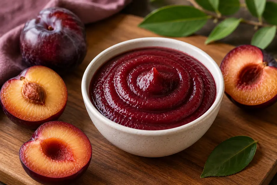 Homemade plum puree for baby made with ripe plums, naturally sweet and fiber-rich first food for babies starting solids at 6 months old.