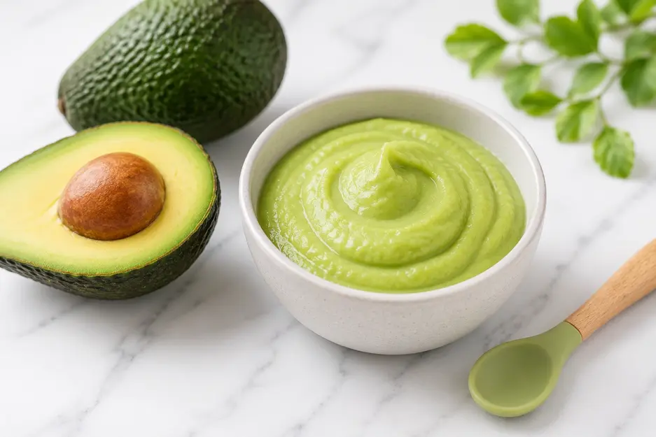 Homemade avocado puree for baby made with ripe avocado, nutrient-rich first food for babies starting solids at 6 months old.
