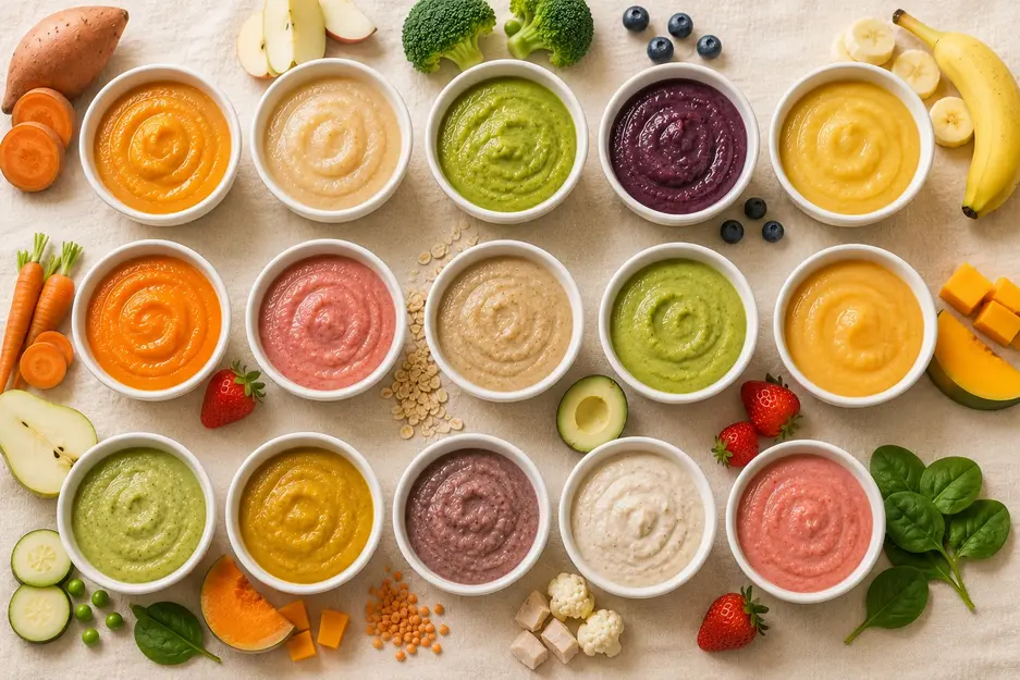 15 homemade baby food combo purees in white bowls with fresh fruits, vegetables, oats, lentils, and avocado. Healthy puree combinations for babies aged 6 to 12 months.