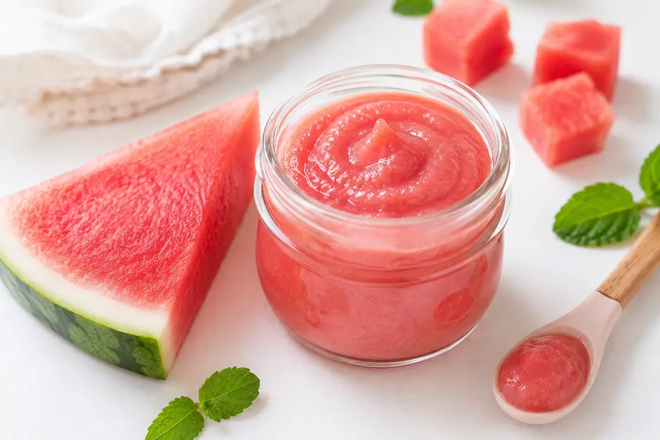 Homemade watermelon puree for baby made with fresh seedless watermelon, refreshing and hydrating first food for babies starting solids at 6 months old.