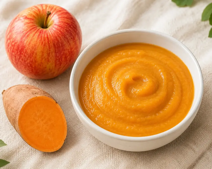 Sweet potato and apple baby puree in a white bowl with a fresh Gala apple and sweet potato on a cream linen background. Homemade baby food combination for babies 6 months and older.
