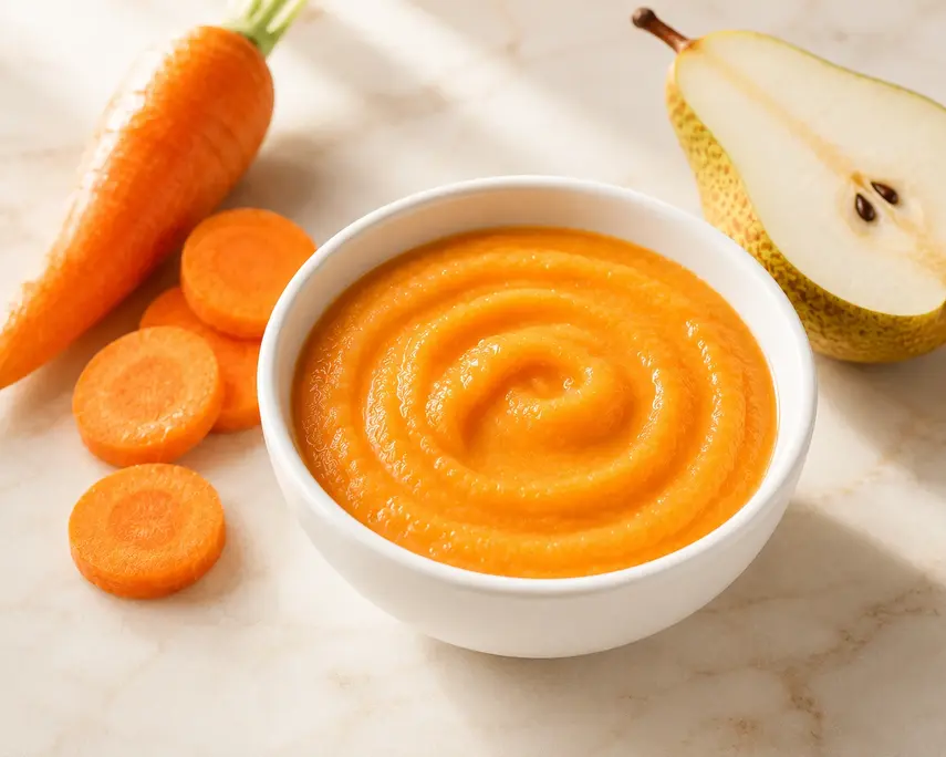 Carrot and pear baby puree in a white bowl with sliced carrots and a halved ripe pear on a cream marble background. Smooth homemade baby food recipe for babies 6 months and older.