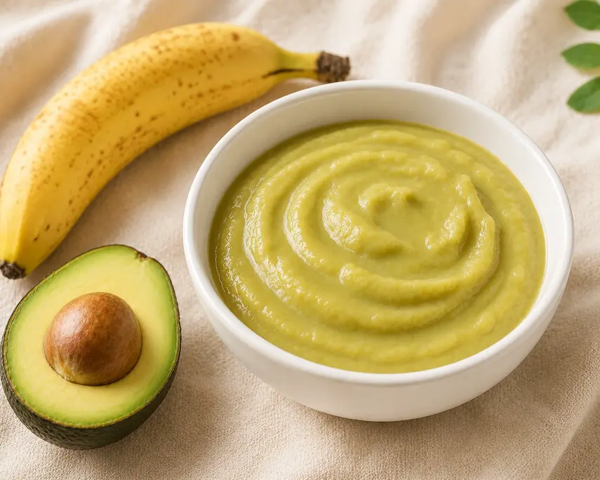 Banana and avocado baby puree in a white bowl with a ripe banana and fresh avocado on a cream linen background. Smooth homemade baby food recipe for babies 6 months and older.