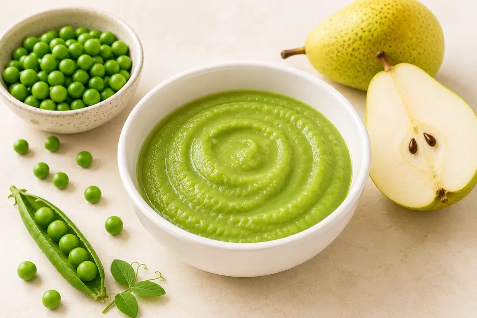 Pea and pear baby puree in a white bowl with fresh green peas and a ripe pear on a cream background. Smooth homemade baby food combination for babies 6 to 7 months and older.