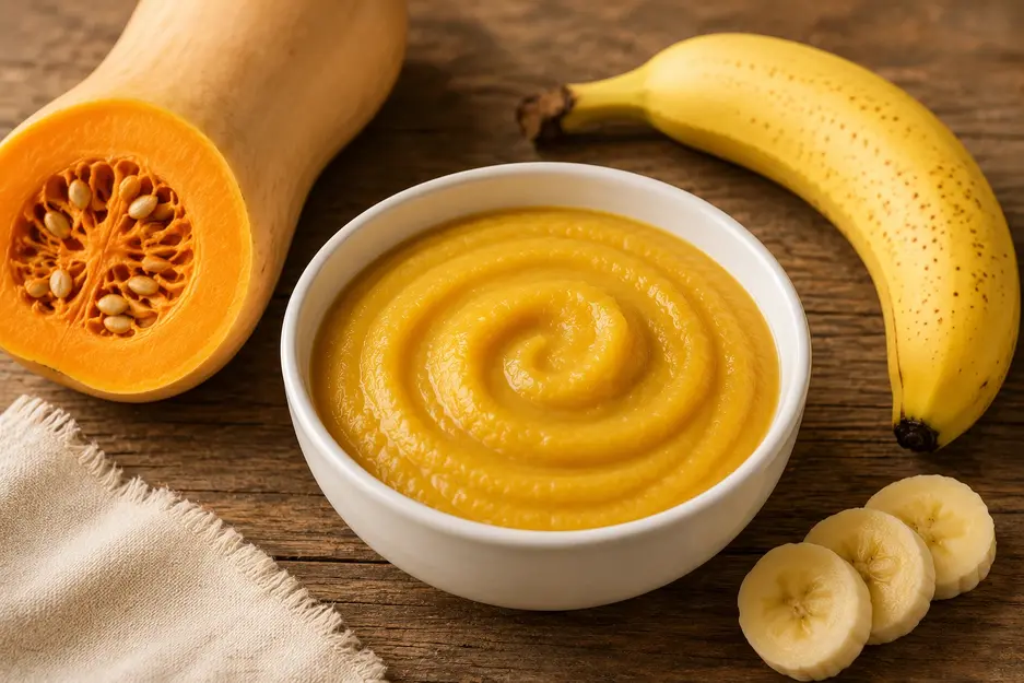 Butternut squash and banana baby puree in a white bowl with fresh butternut squash and ripe banana on a rustic wooden table. Smooth homemade baby food recipe for babies 6 to 7 months and older.