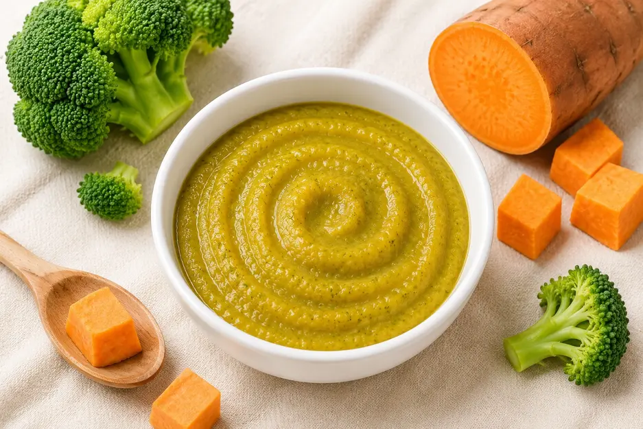 Broccoli sweet potato baby puree with fresh broccoli and sweet potato for babies 7 months+.