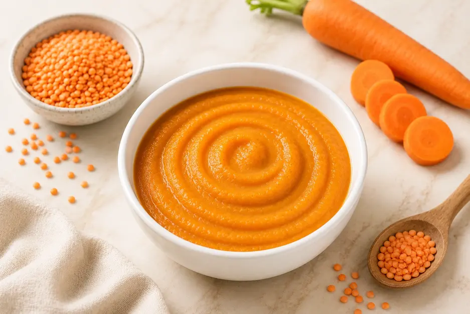 Carrot and lentil baby puree in a white bowl with red lentils and carrots for babies 7 months+.