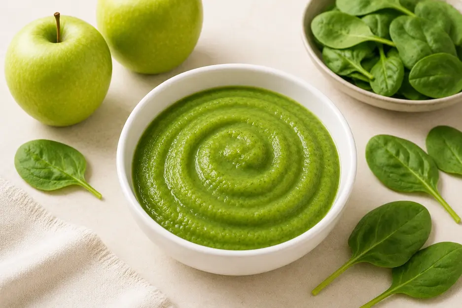 Apple and spinach baby puree in a white bowl with green apples and fresh spinach for babies 7 months+.