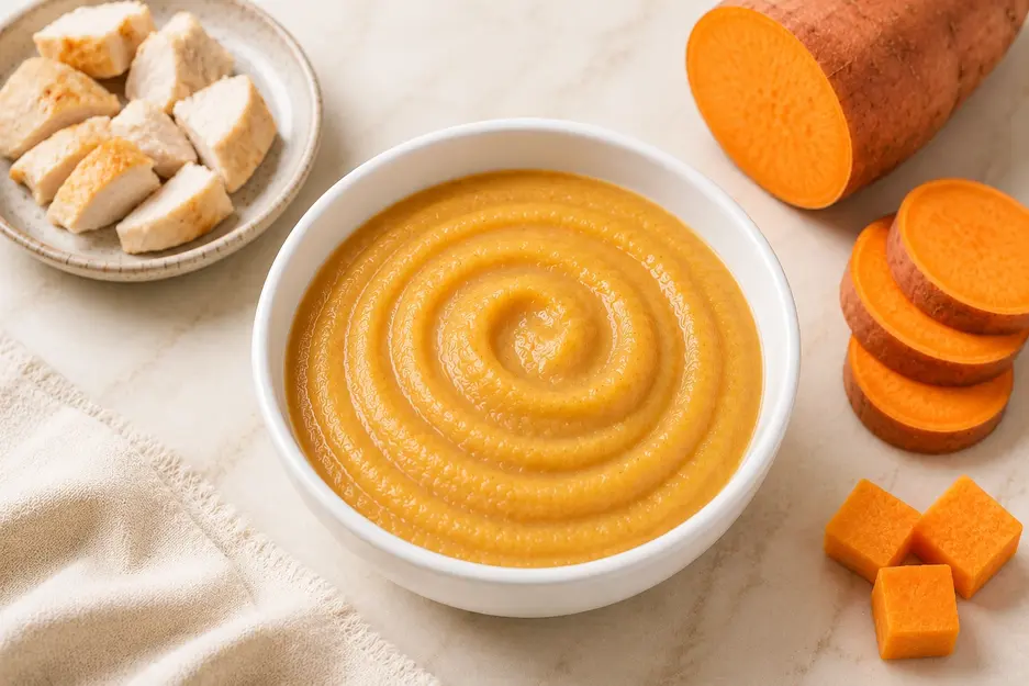 Chicken and sweet potato baby puree in a white bowl with cooked chicken and sweet potato for babies 7 months+.