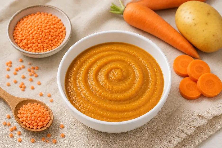 Lentil, carrot, and potato baby puree in a white bowl with red lentils, carrots, and potato for babies 8 months+.