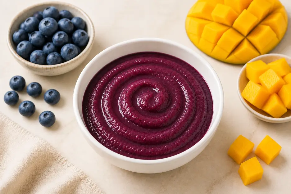 Blueberry and mango baby puree in a white bowl with fresh blueberries and mango for babies 7 months+.