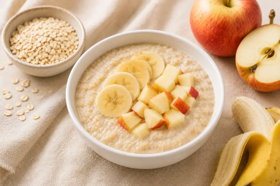 Oat, banana, and apple baby breakfast in a white bowl with oats, fresh apple, and banana for babies 7 months+.