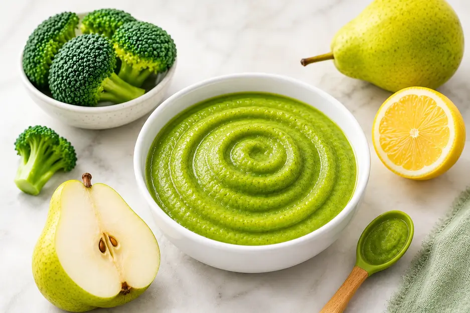 Broccoli, pear, and lemon baby puree in a white bowl with fresh ingredients for babies 8 months and older.