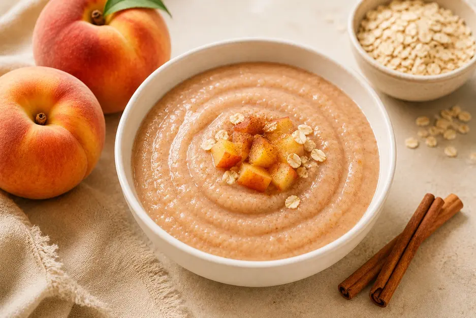 Peach, oat, and cinnamon baby puree in a white bowl with ripe peaches and cinnamon for babies 8 months+.