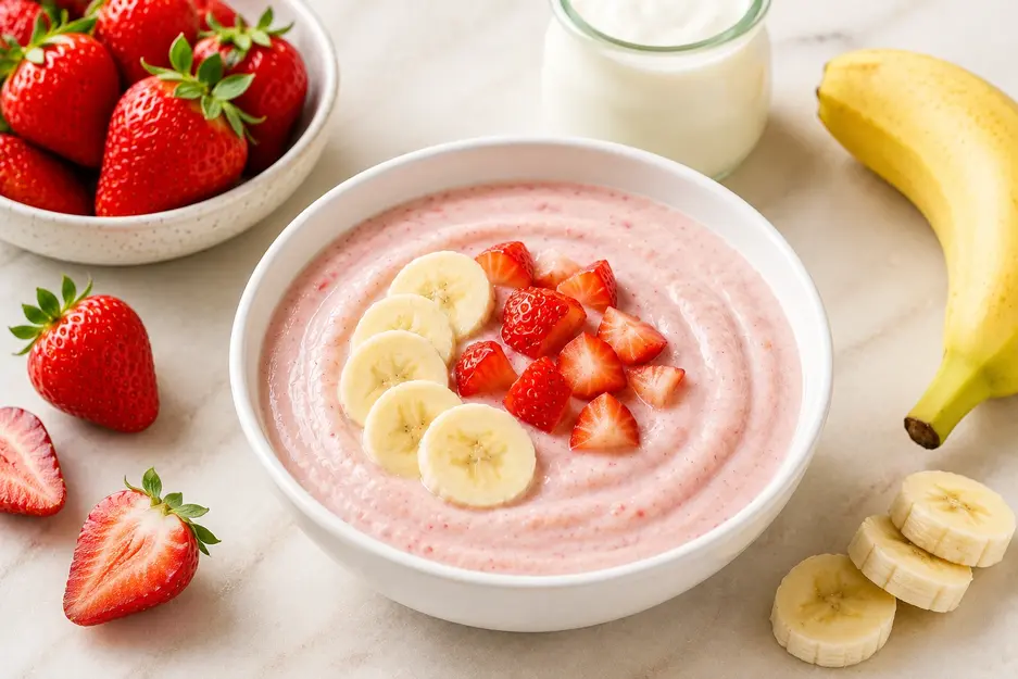 Strawberry, banana, and yogurt baby puree in a white bowl with fresh strawberries and banana for babies 8 months+.