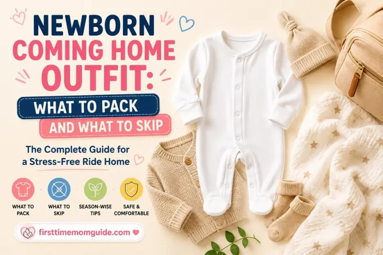 Newborn coming home outfit featured image with baby onesie, knit hat, socks, cardigan, muslin swaddle blanket, and hospital bag essentials.