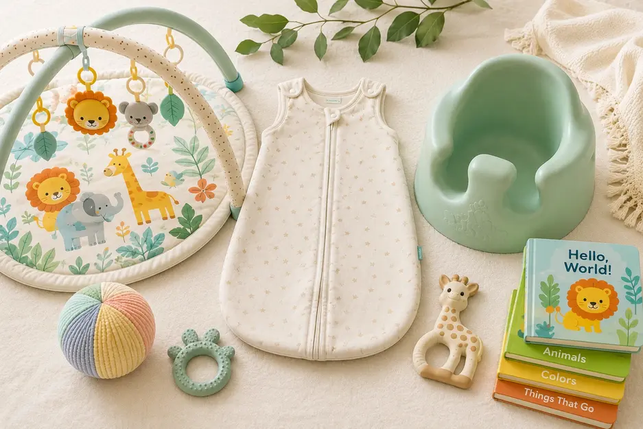 3-6 Month Baby Essentials featuring an activity gym, sleep sack, sensory ball, silicone teether, baby seat, and board books for infant development and play.