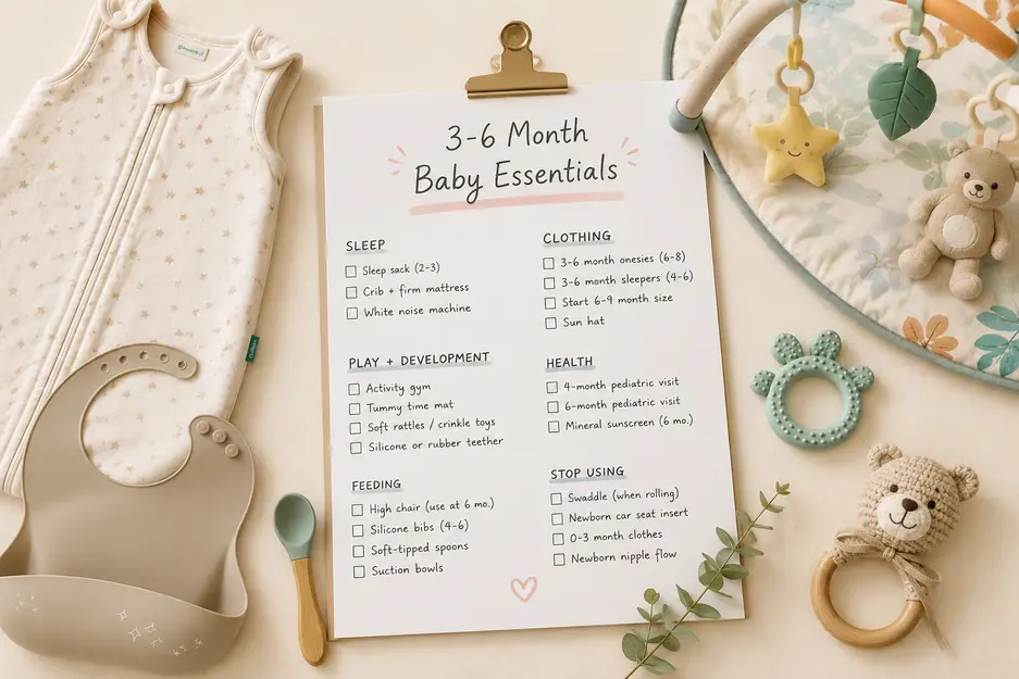 3–6 month baby essentials checklist with sleep sack, activity gym, silicone bib, baby spoon and teether for first-time parents.