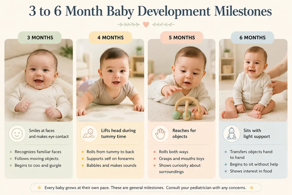 3-6 Month Baby Essentials guide showing developmental milestones from 3 to 6 months, including smiling, tummy time, reaching for toys, and sitting with support.