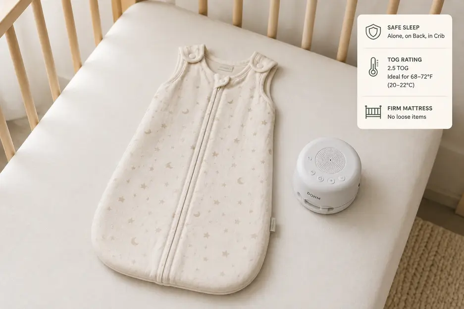 Safe sleep setup for a 3–6 month baby with sleep sack, white noise machine, and crib mattress.
