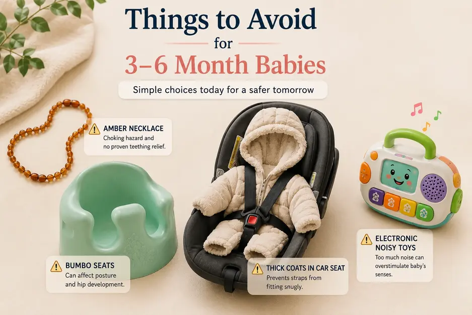 Common baby products to avoid at 3–6 months, including amber necklaces, Bumbo seats, bulky coats in car seats, and noisy electronic toys displayed in a safety awareness image.