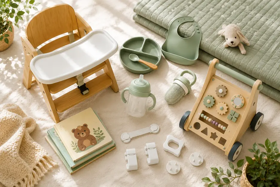 6-12 month baby essentials arranged on a soft cream play mat, including a high chair, suction plate, straw cup, silicone bib, board books, baby-proofing supplies, crawling mat, and wooden push walker.