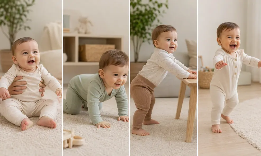 Four-panel photo collage showing a baby’s 6–12 month developmental milestones: sitting with support, crawling, pulling to stand, and taking first steps in a soft neutral nursery.