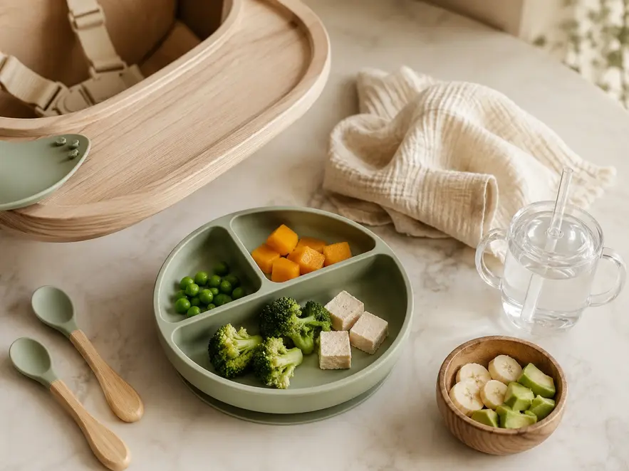 Baby feeding essentials with high chair tray, suction plate, soft food, baby spoons, muslin napkin, fruit bowl, and straw cup.