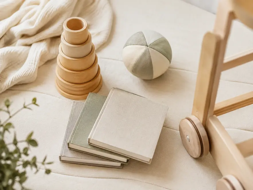Flat lay of baby play essentials on a warm cream playmat, featuring wooden stacking cups, three linen-covered board books, a soft fabric ball, and part of a wooden push walker in soft natural light.