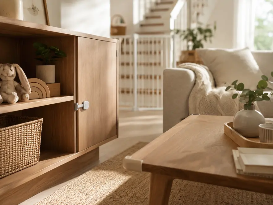 Baby-proofed living room with cabinet latch, corner guard on coffee table, and stair gate in the background./