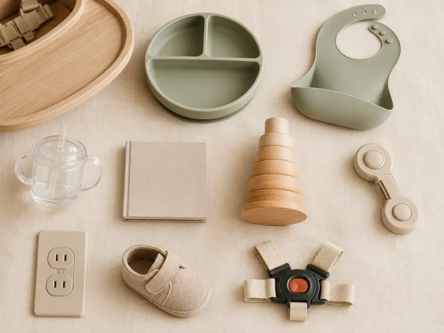 Baby essentials flat lay on cream linen with high chair tray, suction plate, silicone bib, straw cup, board book, stacking toy, safety latch, outlet cover, soft baby shoe, and car seat buckle.