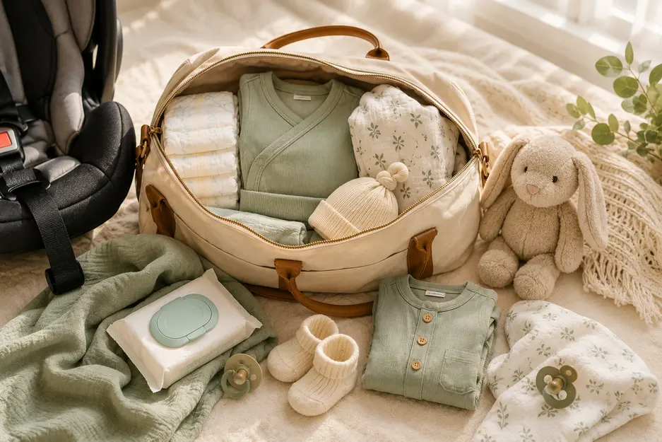 Hospital bag checklist for baby featuring an open canvas hospital bag with a sage green going-home outfit, newborn diapers, muslin swaddle blanket, knit hat, and infant car seat ready for delivery day.