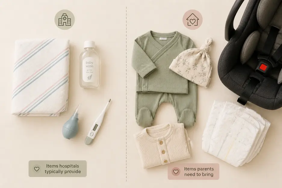 Hospital bag checklist for baby comparing hospital-provided newborn items with parent-packed essentials.