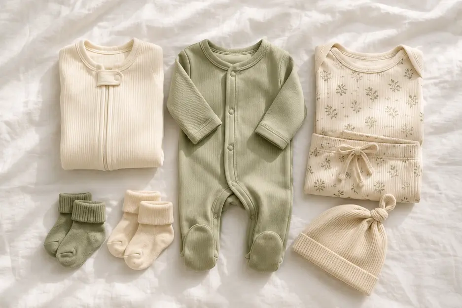 Hospital bag checklist for baby showing newborn clothing essentials including a cream sleeper, sage green footed onesie, tiny socks, knit hat, and 0-3 month going-home outfit.