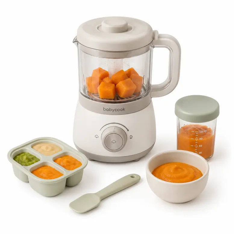 Baby food preparation tools including a food maker, puree storage tray and feeding bowl for infants.
