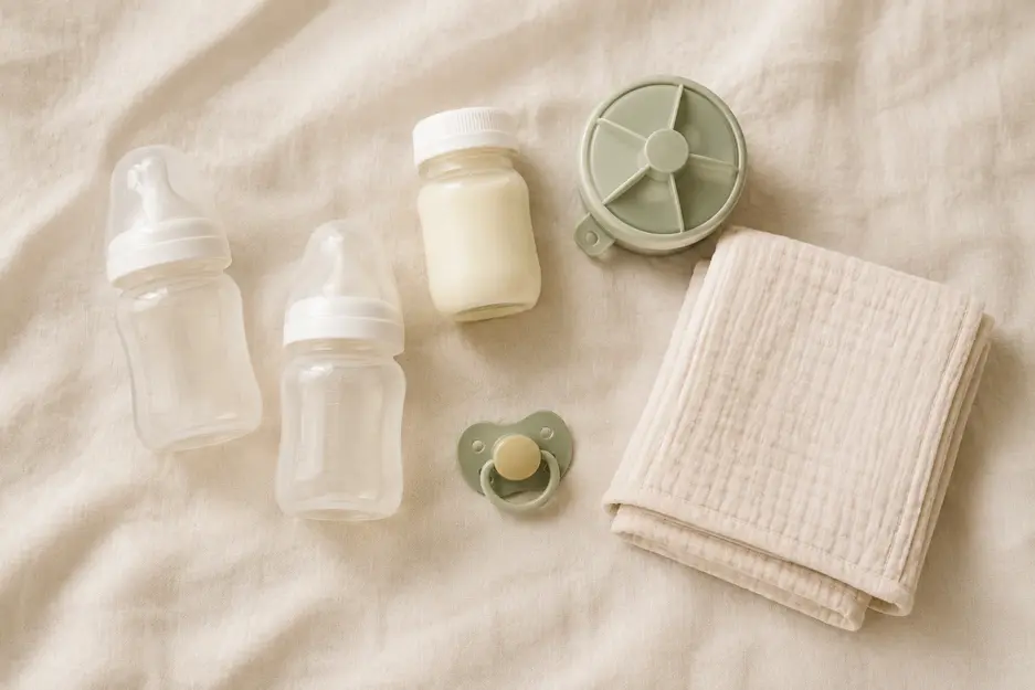 Hospital bag checklist for baby feeding essentials featuring newborn feeding bottles, ready-to-feed formula, compact formula dispenser, muslin burp cloth, and pacifier arranged on soft cream linen.