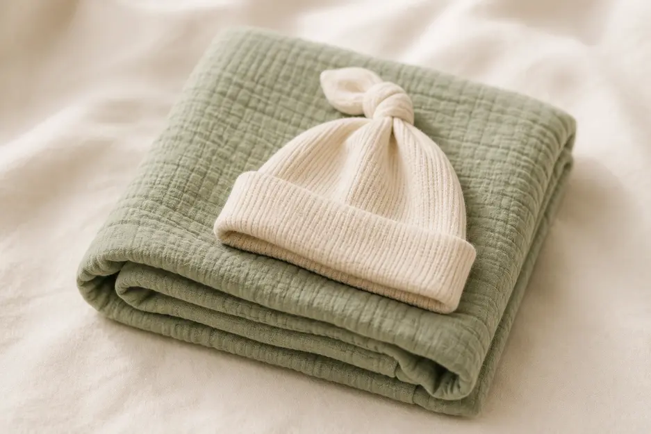 Hospital bag checklist for baby featuring a sage green muslin swaddle blanket and soft knit newborn hat arranged on a cream surface.