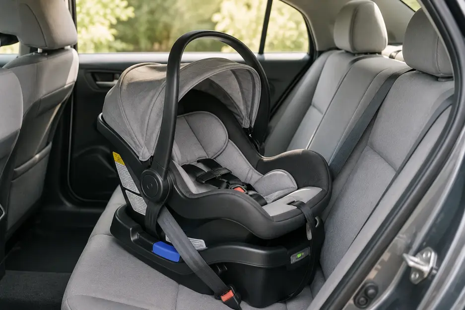 Hospital bag checklist for baby showing a correctly installed infant car seat ready for bringing a newborn home.