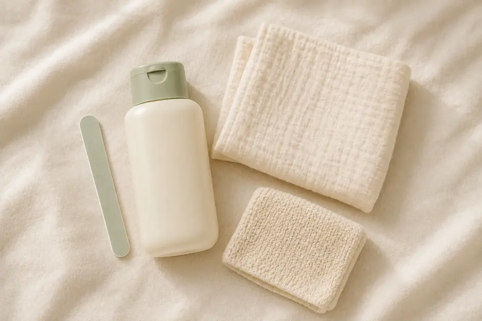 Hospital bag checklist for baby with gentle newborn care products and grooming essentials in a minimalist flat lay.